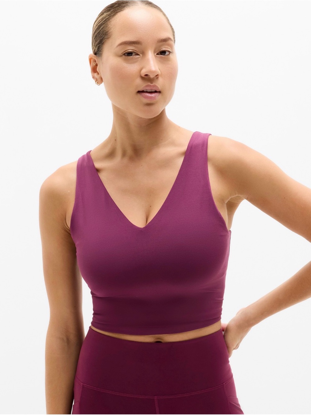 NWT Athleta Transcend V-Neck Crop Plum Top Size Small Best for D-DD Cups
